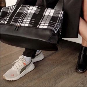 New Plaid Fleece Black White Weekender Duffle Bag with Shoe Compartment